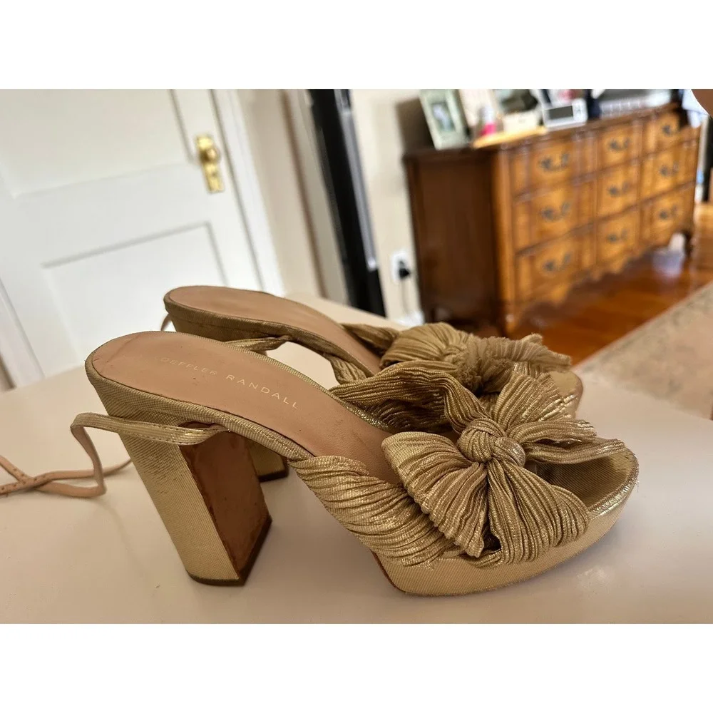 Loeffler Randall Natalia Platform Gold Pleated Bow Heels Size 9 Metallic Wedding
